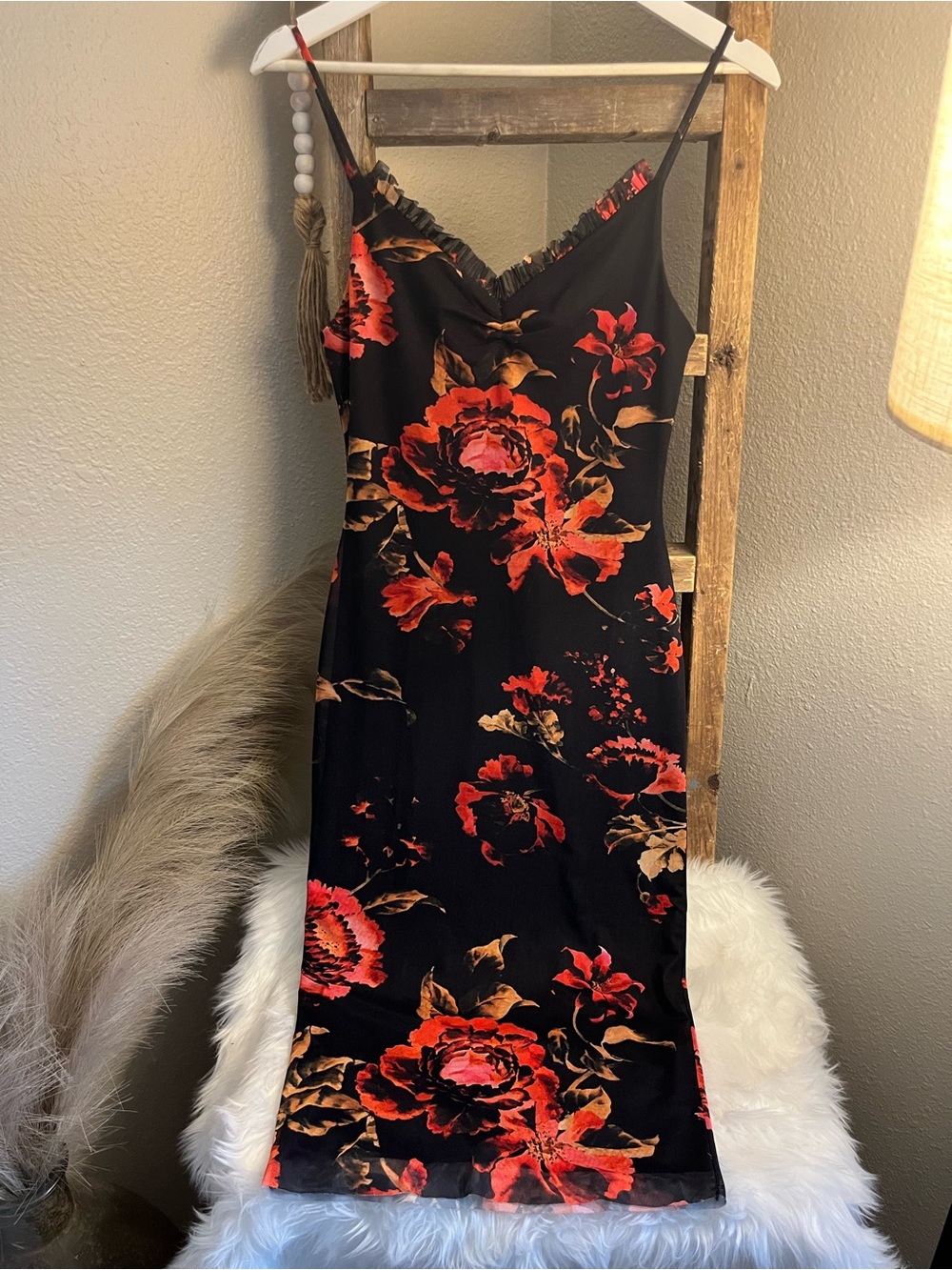 Black Midi Slip Dress with Red Floral Print
